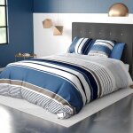 Alpes blanc - housse de couette belize � rayures bleues taupes et blanches 220x240 cm + 2 taies carr�es ...