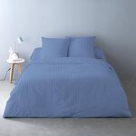 Alpes blanc - housse de couette unie raye bleu pur satin de coton 78 fils 260x240 cm + 2 taies 65x65 ...