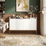 Ambiance - buffet 120cm - blanc & or - 4 portes push - to - open - plateau � rebords - meuble de rangement ...