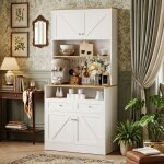 Ambiance - buffet haut 175cm blanc et bois - 4 portes 2 tiroirs & panneau perfor� - armoire de rangement ...