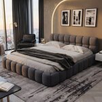 Ambiance lit double 140x190 - lin beige - cadre enti�rement rembourr� - design matelas encaiss� - sommier ...