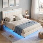 Ambiance lit flottant 160x200 - lin beige - �clairage led rgb avec t�l�commande - design suspendu moderne ...