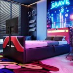 Ambiance - lit gaming 90x200 - similicuir rouge & noir - led rgb & support tv rotatif - coffre de rangement ...