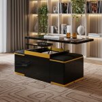 Ambiance - table basse relevable extensible 100cm - noir brillant et jaune - 4 poufs inclus - rangement ...