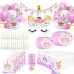 Anniversaire licorne decoration145pcs vaisselle jetable kit assiettes gobelets serviettes couvert nappedeco ...