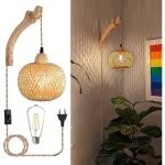 Applique murale int�rieur en bois r�tro lanterne en bambou lampe murale cr�ative e27 avec prise et interrupteu ...