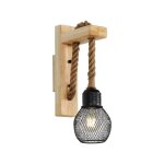 Applique murale rustique bois lampe e27 abat - jour cage en fer noir en corde de chanvre lampe murale ...