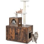 Arbre � chat en bois marron � 2 entr�es avec plate - forme de saut et griffoir en sisal combin� bac � ...