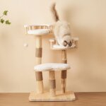 Arbre � chat design en bois massif 98 cm 3 plateformes avec coussins amovibles griffoirs sisal style ...