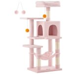 Arbre  chat hauteur 112 cm avec 4 poteaux  griffer 2 plateformes 1 niche 1 hamac 2 pompons rose bonbon ...