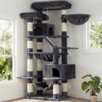 Arbre � chat multi - niveaux - levys - 180 cm - 2 plateformes - 2 cabanes - 2 hamacs - gris fonc� - anti ...