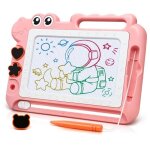Ardoise magique jouet enfant 2 - 4 ans - dinosaure - 4 zones de couleur - 3 tampons - rose