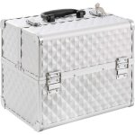 Arebos valise de maquillage 15l 5 compartiments aluminium motif diamant 2 tagres pliantes argent