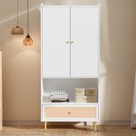 Armoire 2 portes blanc 80x48x175 cm tiroir rotin tringle pieds et poign�es m�tal ? meuble de rangement ...