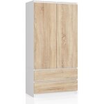 Armoire akord s90 blanche 90 cm 2 portes 2 tiroirs fa�ade ch�ne sonoma 4 �tag�res 90x51x180 cm