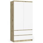 Armoire akord s90 ch�ne artisan 90 cm 2 portes 2 tiroirs fa�ade blanche 4 �tag�res 90x51x180 cm