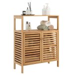 Costway armoire bas de salle de bain en bamboumeuble de rangement avec tagre amovible portes persiennespour ...