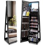 Armoire � bijoux � roulettes 360� - relax4life - miroir pleine longueur - �clairage led - 5 �tag�res ...