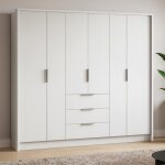 Armoire bombay 255 cm blanche ? 6 portes 2 penderies 5 �tag�res et 3 tiroirs