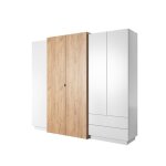 Armoire chambre double penderie et étagères 4 portes 2 tiroirs 220cm blanc et chêne - almosa Armoire chambre double penderie et étagères 4 portes 2 tiroirs 220cm blanc et chêne - almosa