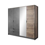 Armoire chambre double penderie et étagères 4 portes miroir 220cm gris et chêne - stockholm Armoire chambre double penderie et étagères 4 portes miroir 220cm gris et chêne - stockholm