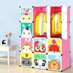 Armoire de chambre enfant - etag�res plastiques rose - 12 cubes modulables - motifs cartoon