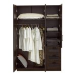 Armoire de chambre finning 4 �tag�res 3 tiroirs mdf 176 x 120 x 52 cm effet noyer fonc�