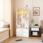 Armoire de chambre avec led - armoire avec portes en verre tringle et 2 tiroirs - armoire pour dressing ...