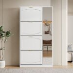 Armoire � chaussures - miroir - 4 compartiments rabattables - blanc - l80 / h147 / p24 cm