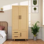 Armoire chambre 2 portes en rotin armoire dressing avec penderie et 2 tiroirs armoire de rangement 80x52x176cm ...