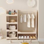 Armoire enfant bois naturel 110x39x110cm tringle � v�tements + 4 roulettes rangement spacieux et pratique ...