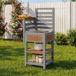 Armoire de jardin en bois - 74x54x149 cm - naturel - bois massif - plan de travail en acier inoxydable ...