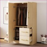 Armoire � linge enfant - double portes + 2 schublades + �tag�re - bois naturel / blanc - 70x40x135 cm ...