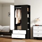 Armoire avec miroir 80�40�180 cm blanc / noir ? 1 porte + 2 tiroirs + 4 �tag�res + barre v�tements moderne ...