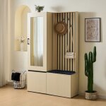 Armoire miroir banc entr�e moderne avec penderie extensible range - chaussures 4 crochets et banc rembourr� ...
