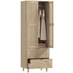 Armoire penderie - homcom - 2 portes en rotin 2 tiroirs et barre de suspension - panneau de particules ...