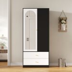 Armoire penderie avec miroir - 1 porte 2 tiroirs - blanc et noir - 80x48x180 cm - meuble de rangement ...