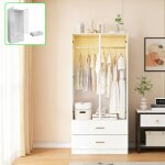 Armoire de rangement - armoire chambre bois - �clairage led - penderie int�gr�e - 2 portes et 2 tiroirs ...