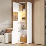 Armoire de rangement haute avec led meuble vitrine moderne 2 portes acrylique blanc et bois naturel 50 ...