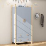 Armoire de rangement - merax - armoire chambre 2 portes avec 2 tiroirs et penderie - bleu & pin naturel ...