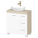 Armoire de salle de bain meuble sous lavabo avec pieds 2 compartiments et 3 tiroirs blanc et beige