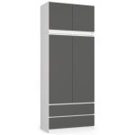 Armoire avec surmeuble akord s90 blanche 90 cm 2 portes 2 tiroirs fa�ade gris graphite 6 �tag�res 90x51x234 ...