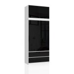 Armoire avec surmeuble akord s90 blanche 90 cm 2 portes 2 tiroirs fa�ade noir brillant 6 �tag�res 90x51x234 ...