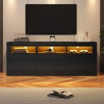 Armoire tv salon noir 160cm laqu� brillant�clairage led2 portes 2 tiroirs3 compartimentsbuffet bas meuble ...