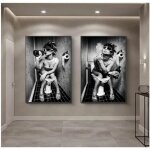 Art femme assise sur les toilettes fumant affiche murale noir blanc peintures sur toile dcoration de ...