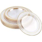 Assiettes en plastique r�utilisables � bord dor� - 2 tailles incluses - vaisselle solide pour mariages ...
