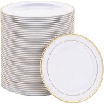 Assiettes r�utilisables en plastique 26 cm - lot de 40 - design blanc et or pour f�tes et �v�nements