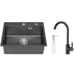 Évier 1 bac 55x45x185cm + robinet de cuisine rotatif à 360° Évier à encastrer noir en inox avec distributeur ... Évier 1 bac 55x45x185cm + robinet de cuisine rotatif à 360° Évier à encastrer noir en inox avec distributeur ...