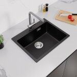 Évier 1 bac 55x45x20cm Évier à encastrer en pierre de quartz Évier cuisine noir avec trop - plein et ... Évier 1 bac 55x45x20cm Évier à encastrer en pierre de quartz Évier cuisine noir avec trop - plein et ...