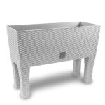 Bac � fleurs jardini�re sur pieds r�sine tress�e 80cm blanc artic